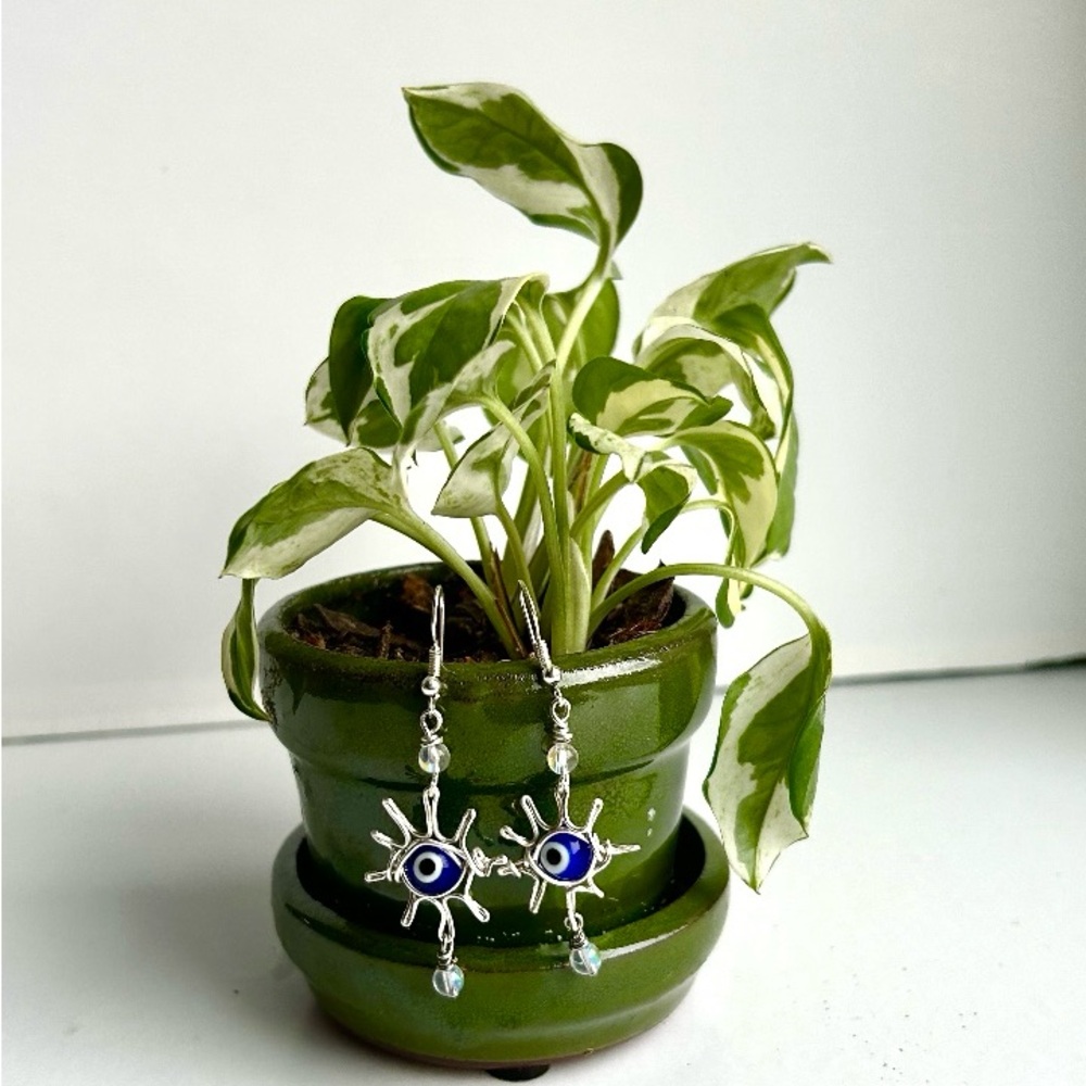 Handmade evil eye wire wrapped earrings
